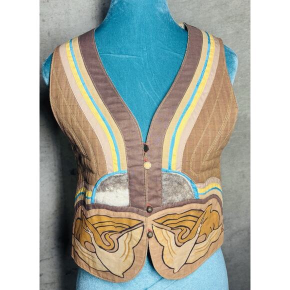 Handmade Jackets & Blazers - VTG 70s Art Nouveau Patchwork Vest Wearable Art Crane Boho Hippy Festival RARE!